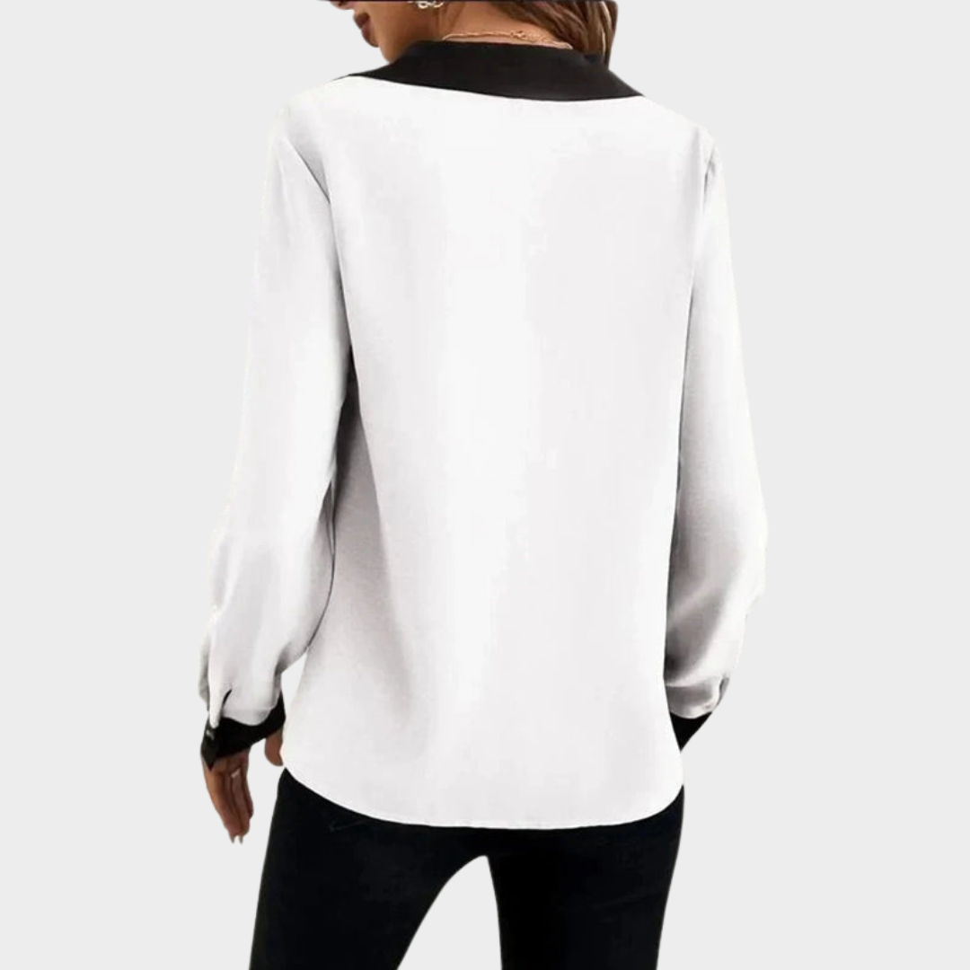 Women's V-Neck Blouse – Long Sleeve – Patchwork Color – Office Wear – Multiple Colours