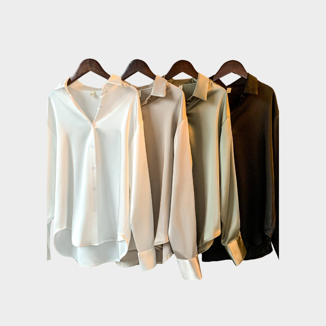 Women’s Satin Long Sleeve Blouse - Elegant Korean Style Overshirt, Luxury Designer Blouse, White, Green, Black, Champagne