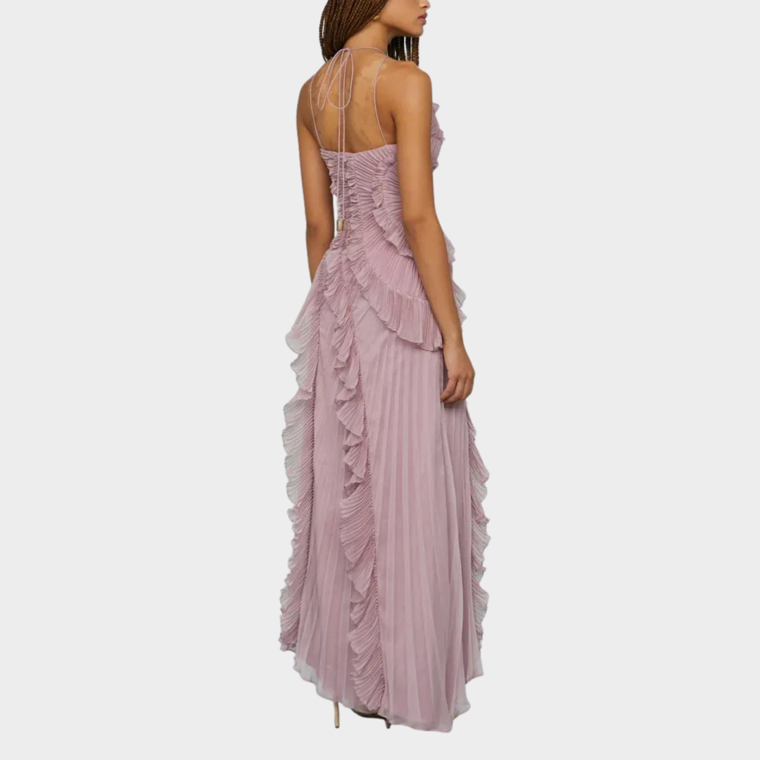 Women Pleated Frill Halter Neck Maxi Dress – Elegant Sleeveless High Stretch Dress with Asymmetrical Hem and Flowing Pleated Texture – Multiple Colours