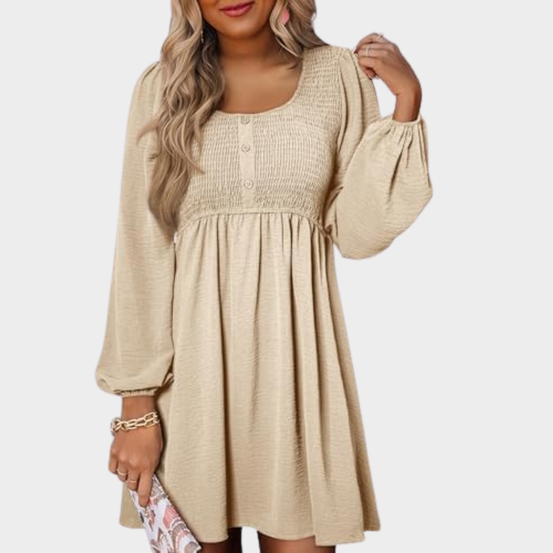 Women's Smocked A-Line Mini Dress - Crewneck - Button Up - Long Sleeve - Casual & Comfortable - Beige