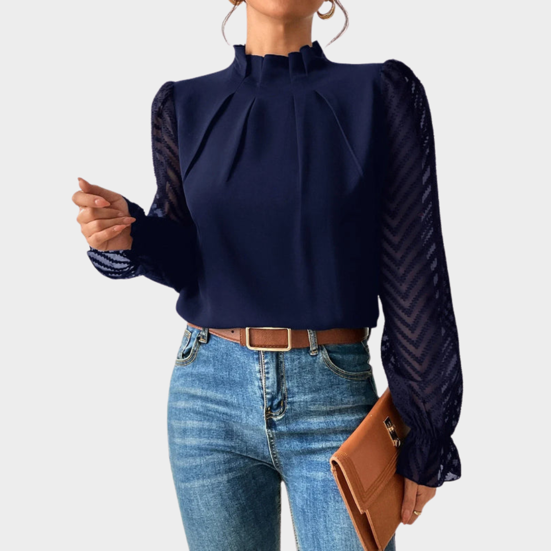 Elegant Women's Lace Blouse – Mock Neck – Long Sleeve – Slim Fit – Chiffon Fabric – Multiple Colours
