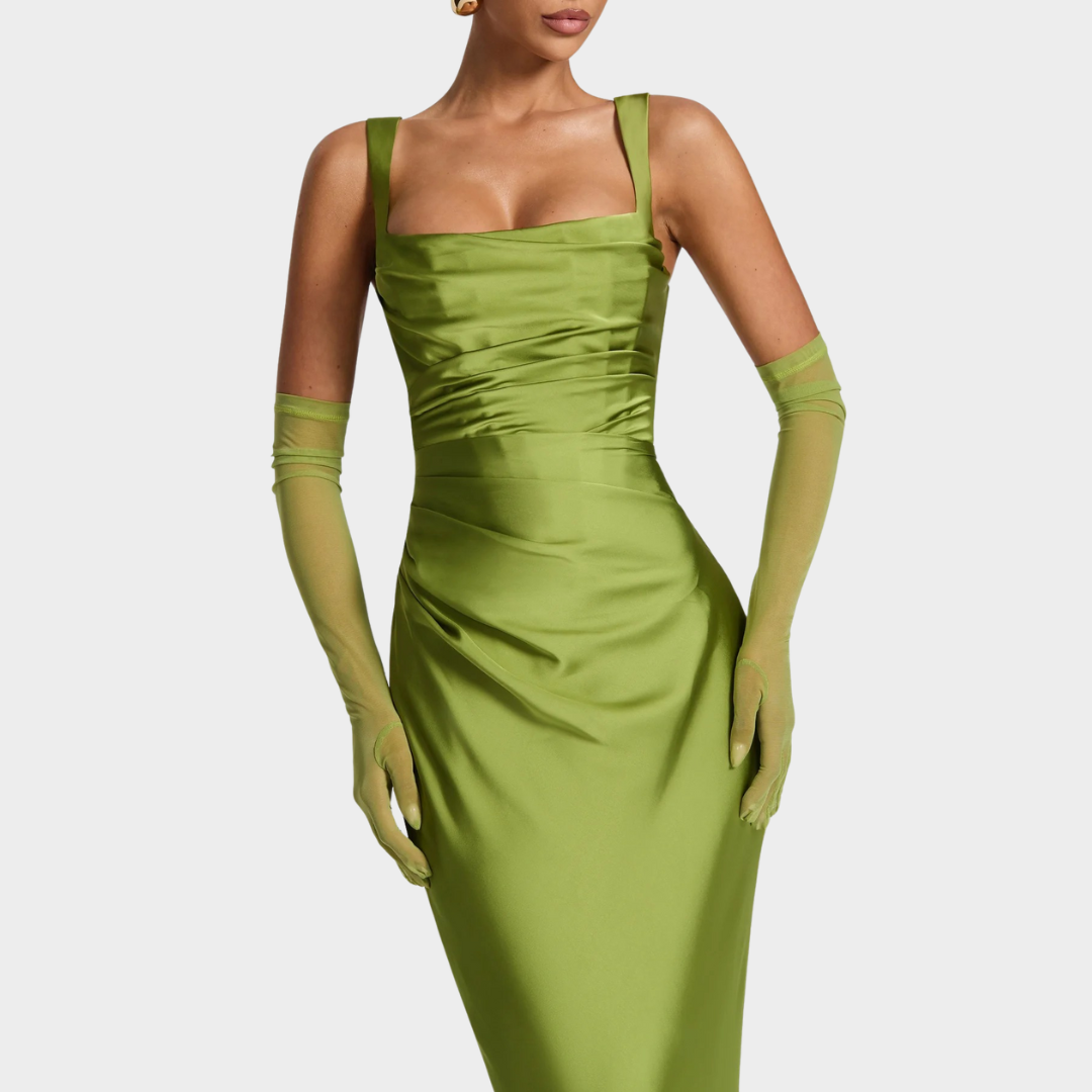 Women Slim Fit Satin Maxi Dress – Elegant Long Dress with Pleated Bodice Square Neckline and Lace Up Back – Multiple Colours