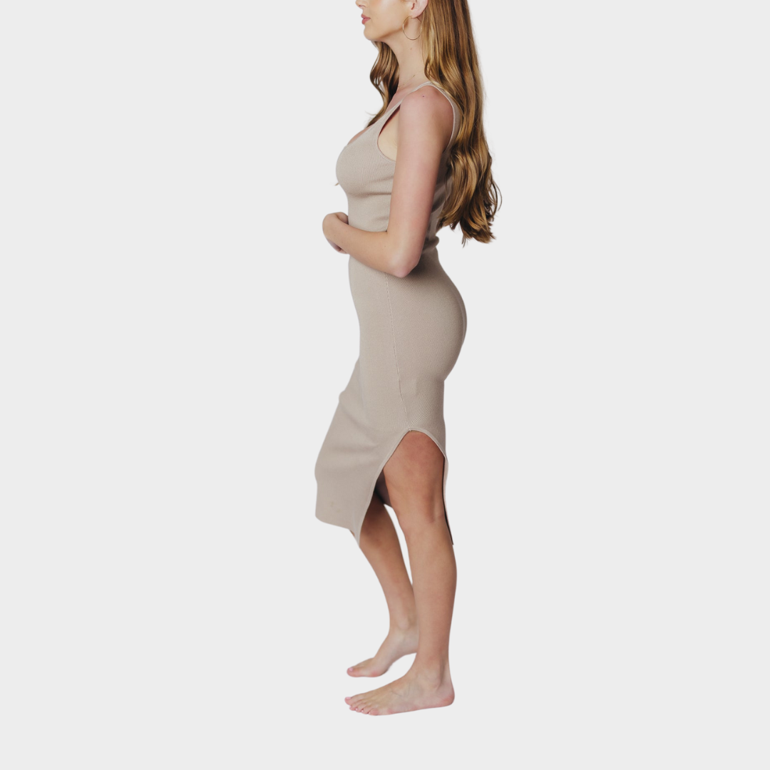 Women's Square Neck Knit Midi Dress – Elegant Fit – Slit Detail – Soft Viscose Blend – Beige
