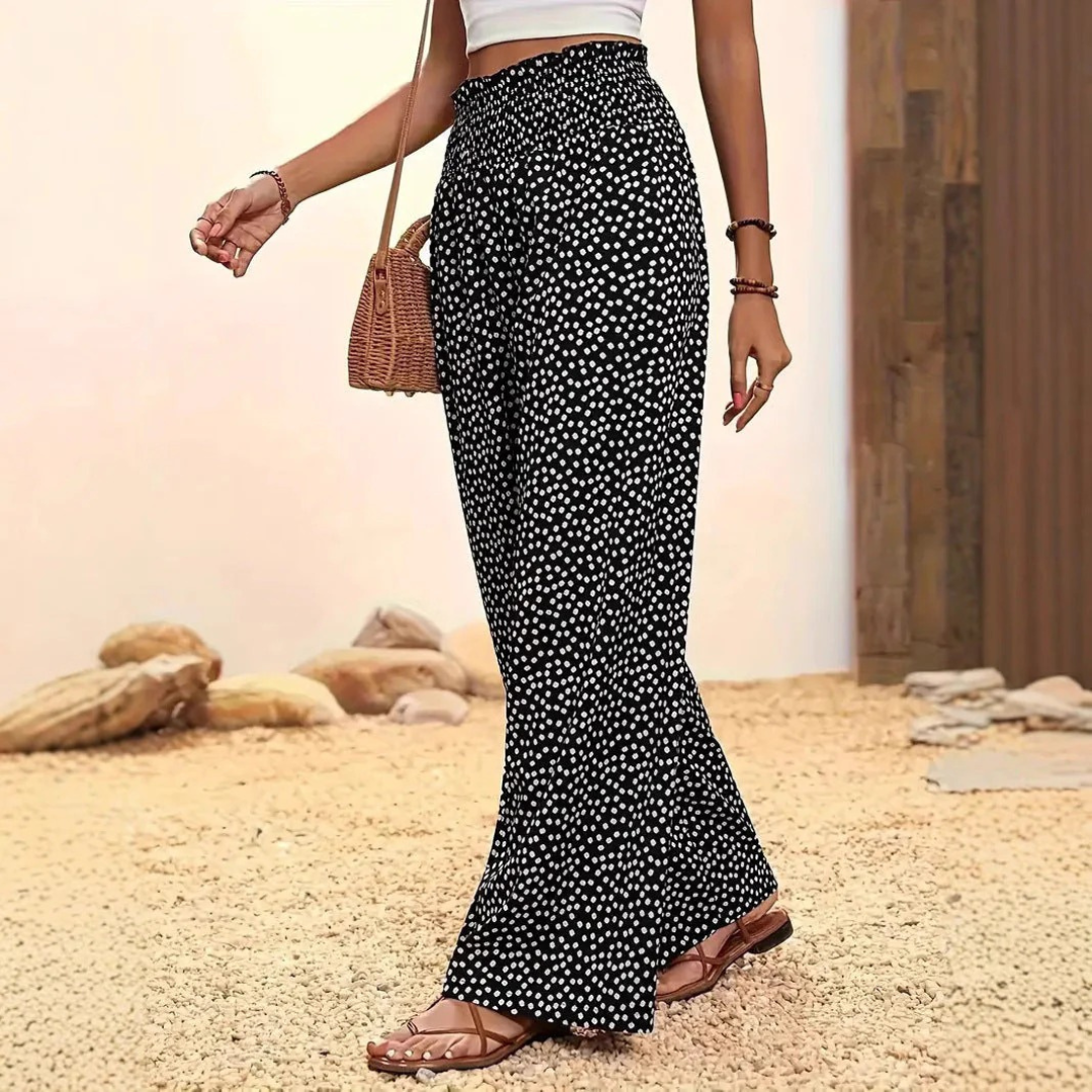 Women’s Wide-Leg Trousers – High Waist Fit – Slightly Flared – Elastic Waist – Floral Pattern – Lightweight Drape – Multiple Colours
