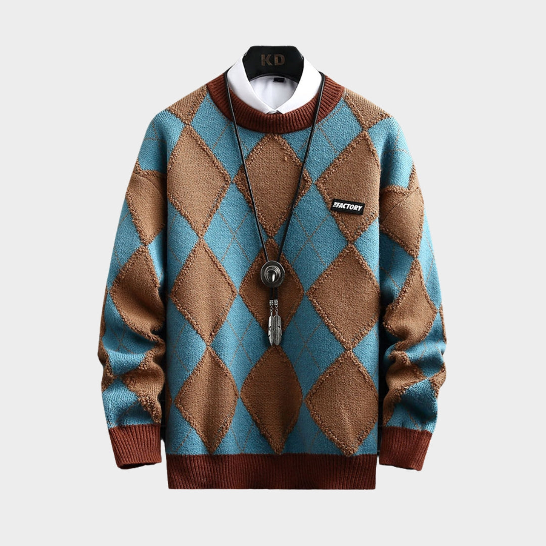 Men's Argyle Knitted Sweater - Warm Cashmere Pullover for Autumn Winter (Green, Navy Blue, Coffee)
