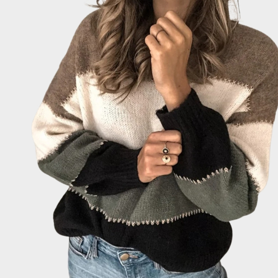 Autumn Winter Warm Color Blocking Women’s Sweater - Lantern Sleeve, O Neck, Loose Knitted Pullover, Multi-Color