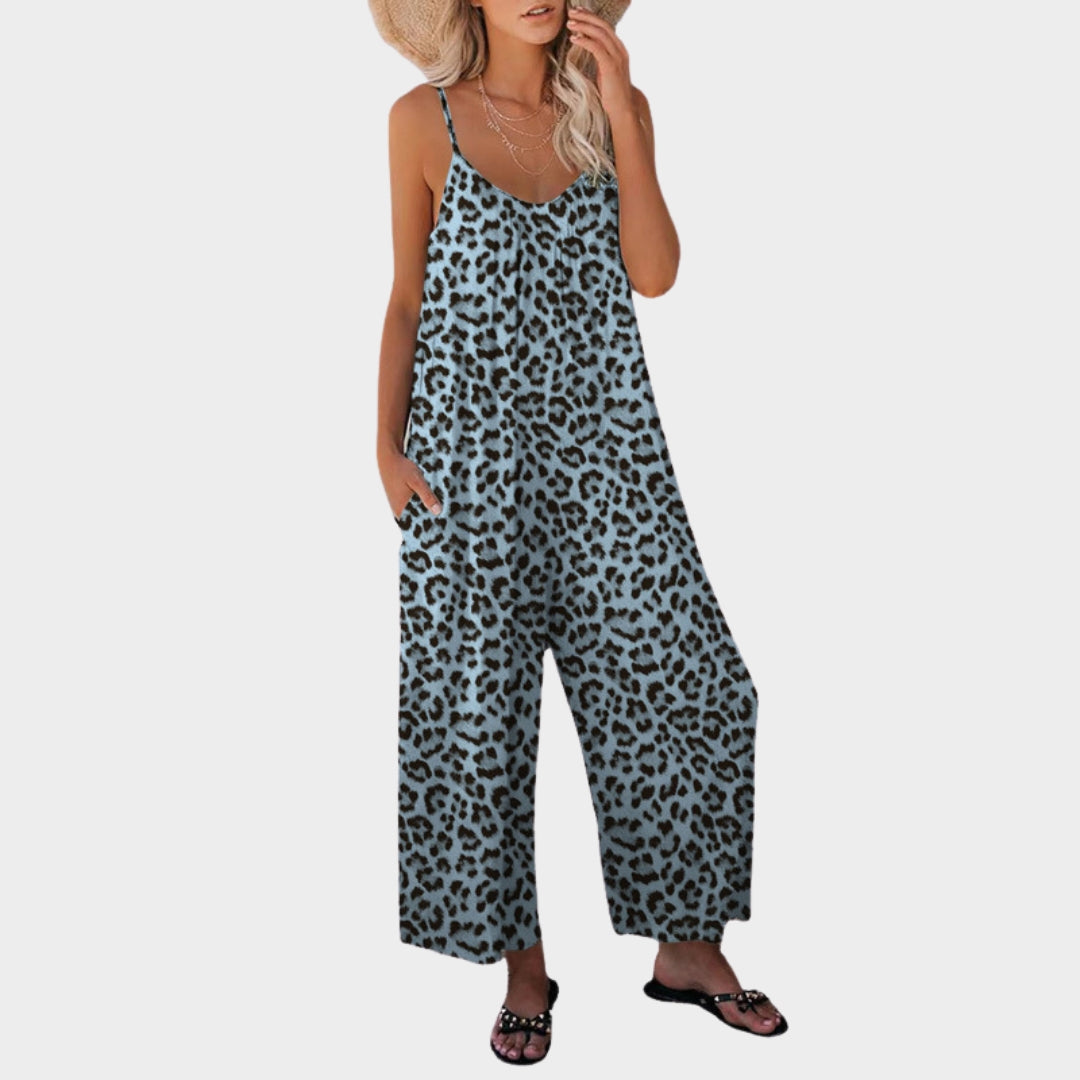 Summer Women's Jumpsuit – Leopard Pattern, Loose Casual Fit, Pockets, Belt, Multiple Colors