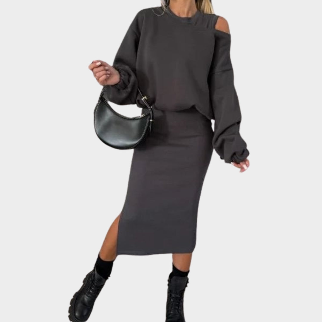 Women's Two-Piece Set - Cold Shoulder Sweatshirt & Sleeveless Dress - Chic & Stylish - Multiple Colours