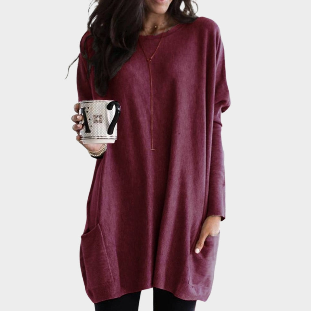 Women’s Long Sleeve Tunic Top - Casual Loose Sweater with Pockets, Plus Size Pullover, Grey, Black, Peacock Blue, and More