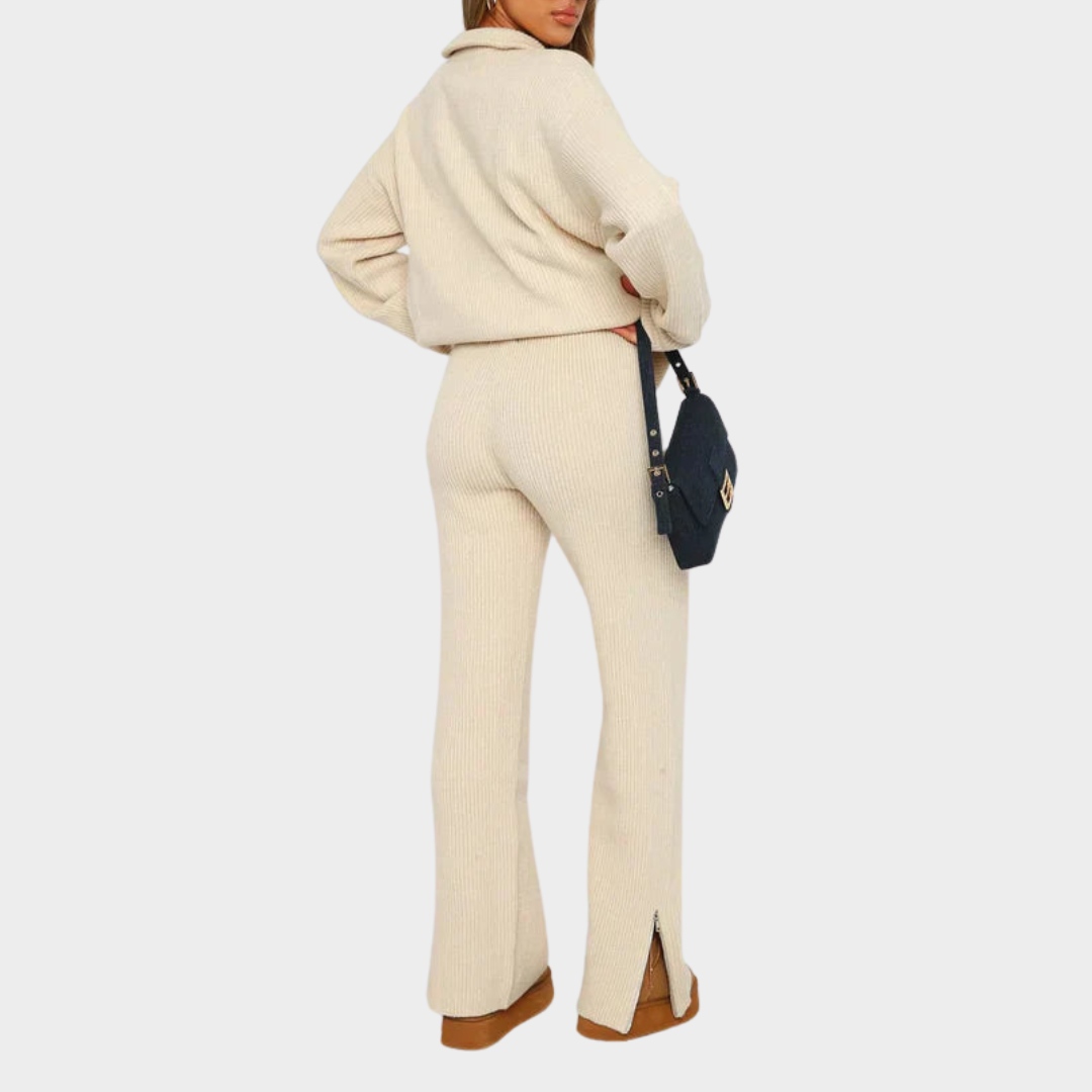 Women's Two-Piece Knitted Set – Long Sleeve – Lapel Collar – Soft Fabric – Multiple Colours