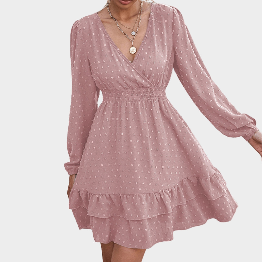 Women's Chiffon A-Line Dress - V-Neck - Long Lantern Sleeve - Waist Ruffle Detail - Multiple Colours