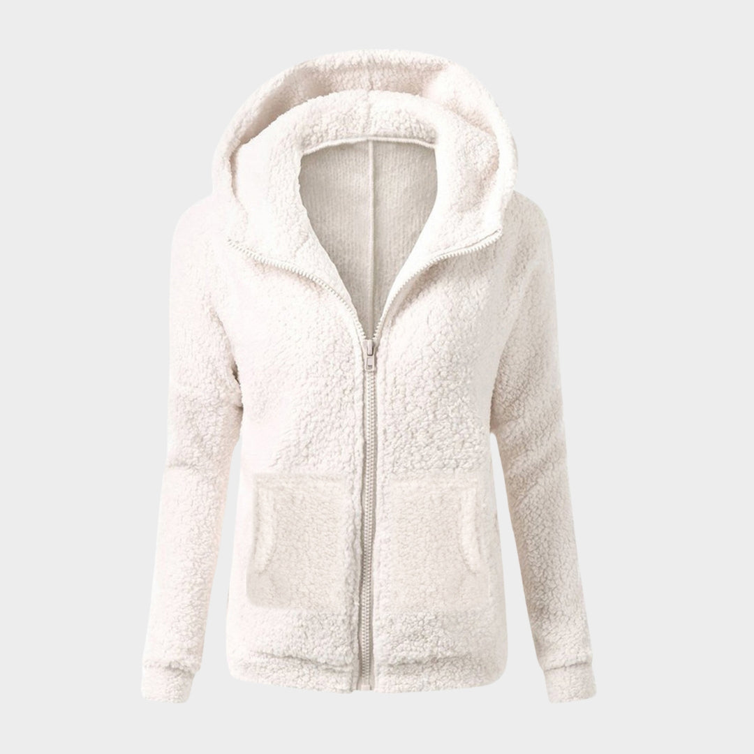 Women’s Hooded Plush Zip-Up Coat – Soft Loose Sweatshirt, Solid Color, Warm Top for Autumn & Winter, Pink, Beige, Black