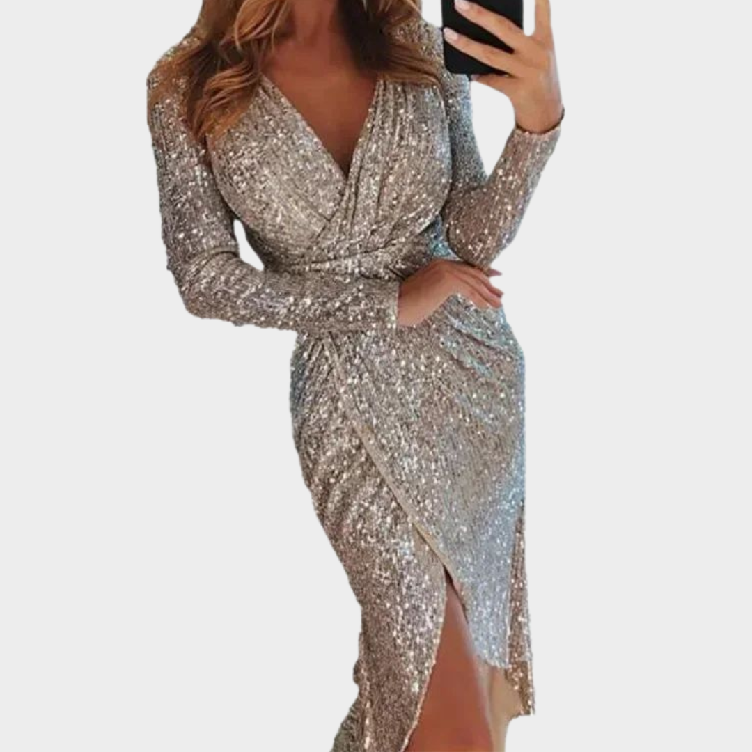 Women's Sequin Wrap Dress – Deep V-Neck – Long Sleeve – Bodycon Fit – Elegant Knee-Length Evening Wear – Multiple Colours