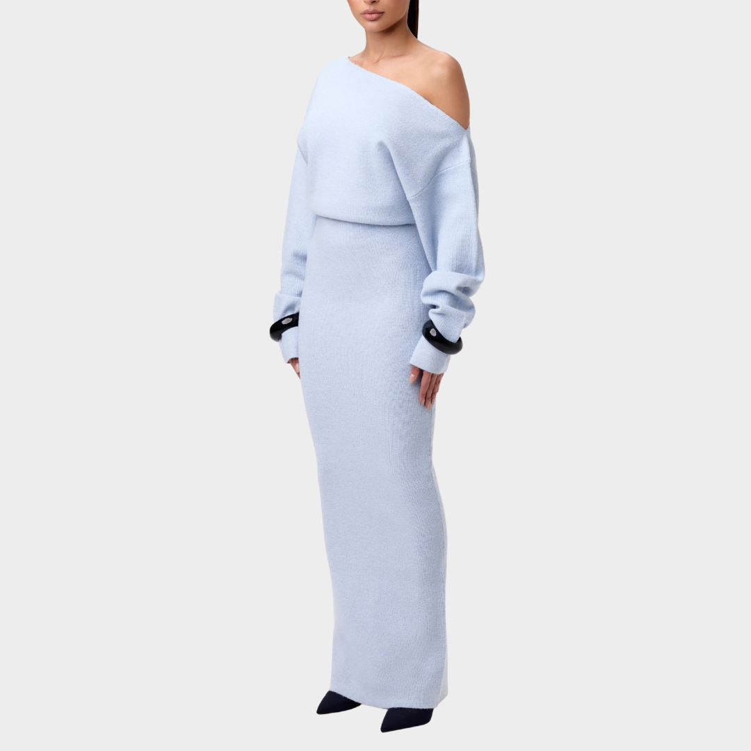 Women’s Long Dress – Off Shoulder Sloping Collar – Long Sleeve Solid Colour – Elegant Slim Fit Design – Multiple Colours