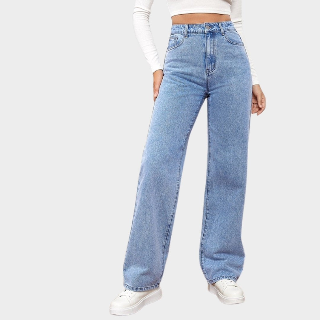 Women's High-Waist Straight Jeans - Vintage Washed Denim Pants with Pockets (Black, Blue, Light Blue)