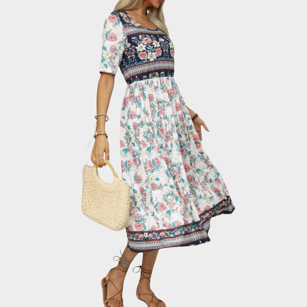 Women’s Bohemian Print Long Dress – Round Neck Short Sleeve Fit – Casual Flowy Maxi Silhouette – Lightweight Fabric – Multiple Colours