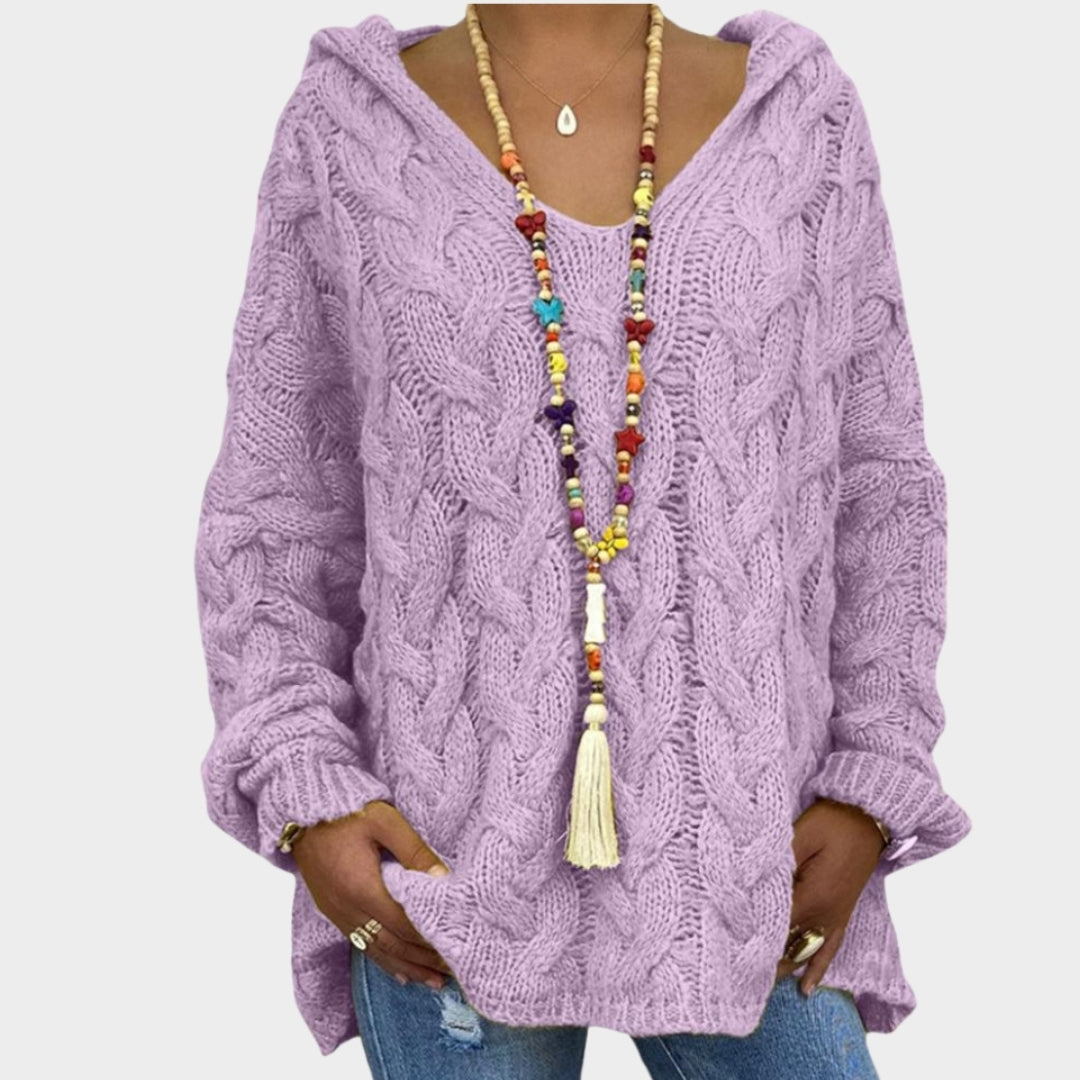 Women’s Hooded V-Neck Knitted Sweater - Long Sleeve, Twist Knit, Solid Color Loose Pullover, Red, Green, and More