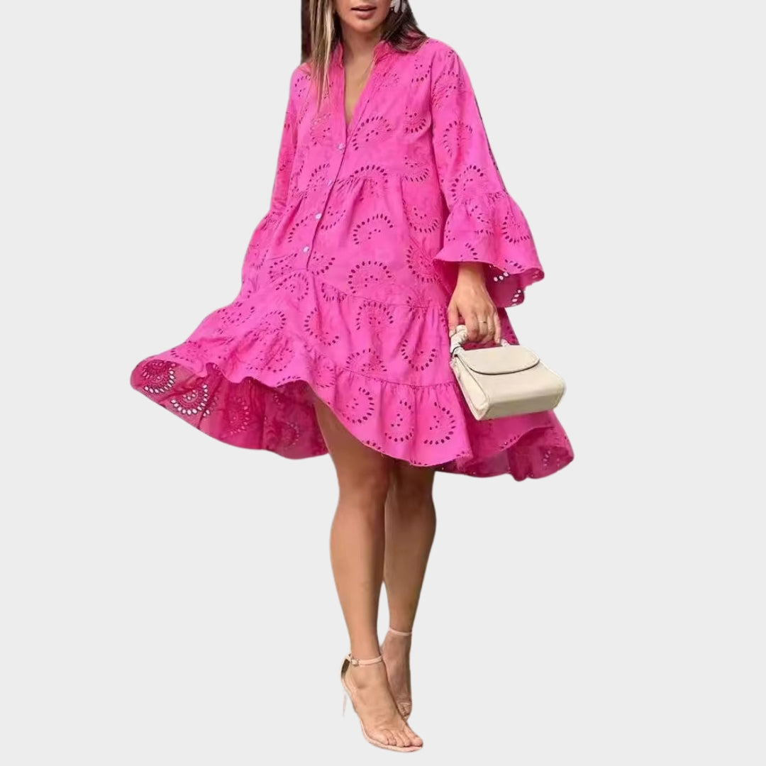 Spring Summer Women’s V-Neck Dress – Solid Color, Embroidered Hollow Lace, Loose Fit in Yellow, Red, Sky Blue, and More
