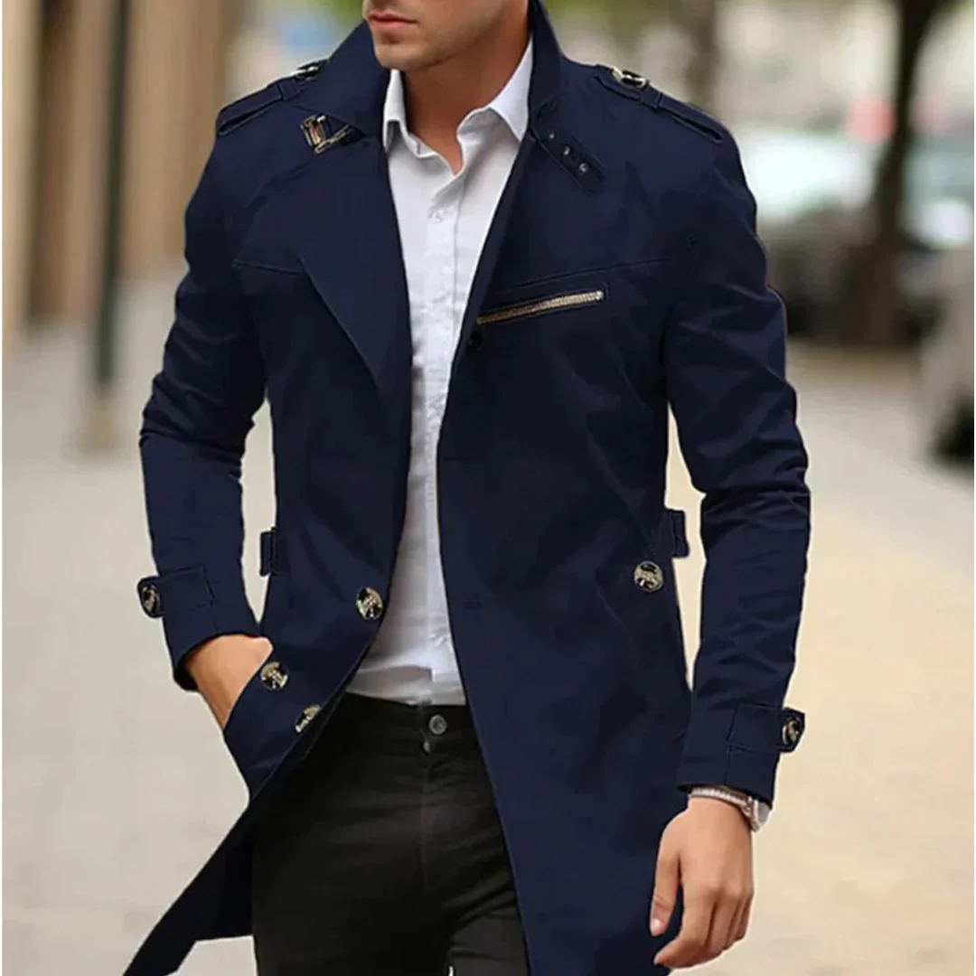 Men’s Classic Trench Coat – Long Sleeve Outerwear with Belt and Button Details – Structured Fit Water-Resistant Cotton Blend – Multiple Colours
