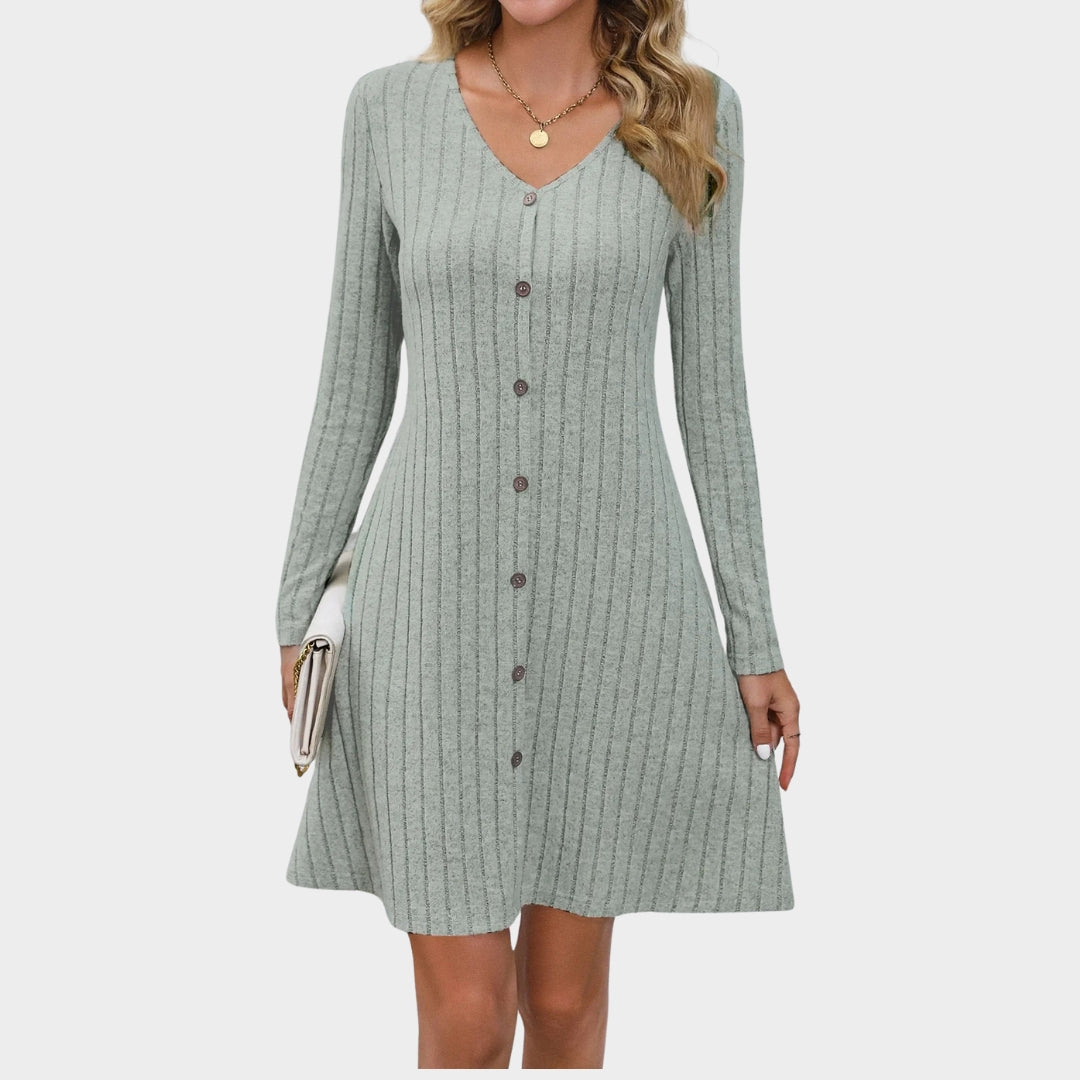 Women's Solid Ribbed Knitted Mini Dress – Long Sleeve A-Line Knot Detail, Black, Pink, Grey, Green
