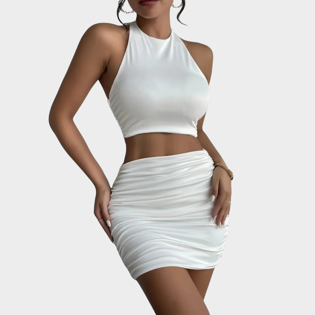Women’s Tube Top and Skirt Set – Sleeveless Neck Vest and Hip Wrap Skirt – Bodycon Fit – Soft Stretch Fabric – Two-Piece Minimal Style – Multiple Colours
