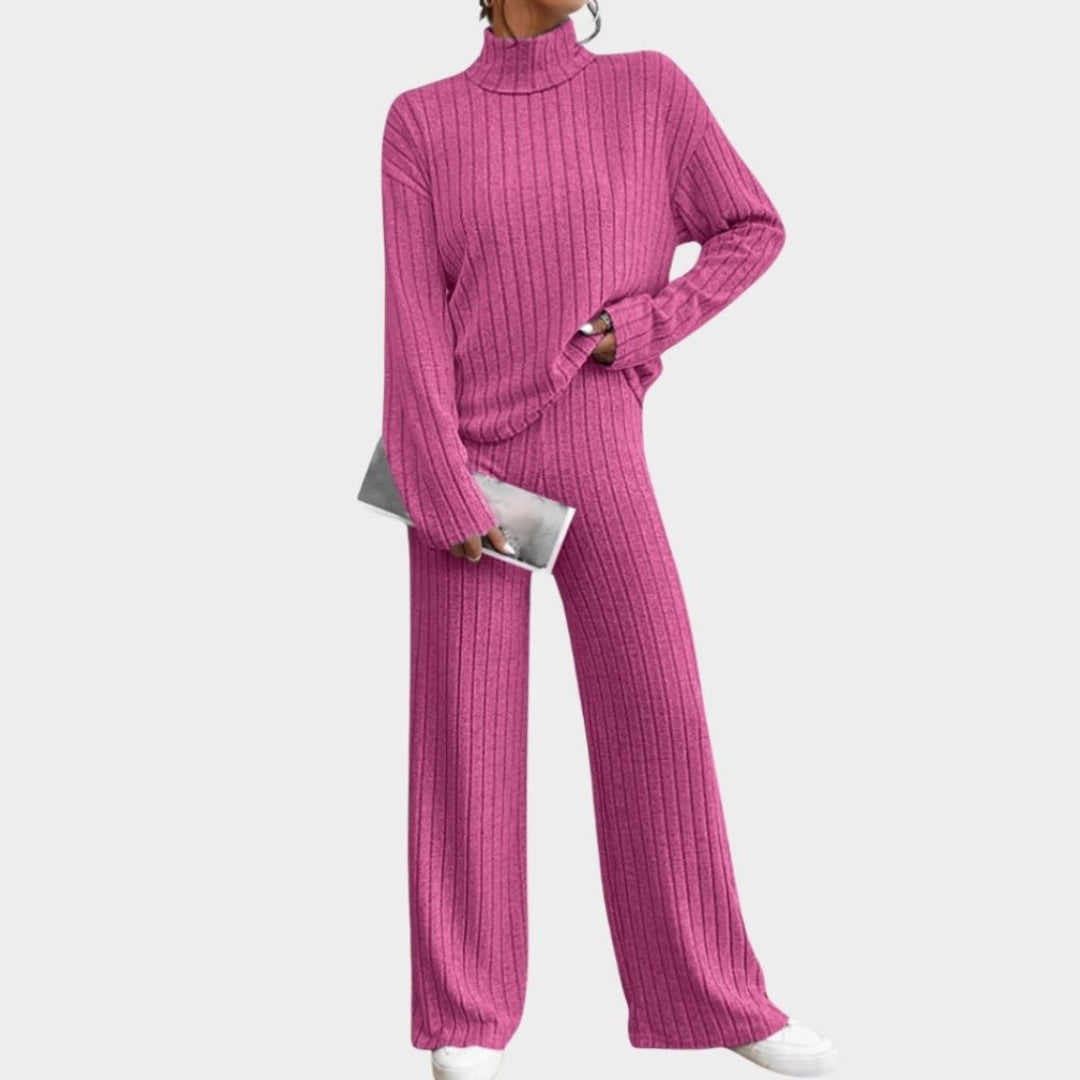 Spring Women’s Knitted 2-Piece Tracksuit – Vintage Crop Top & Flare Pants Set, Hot Pink & Green, Stretch Fit