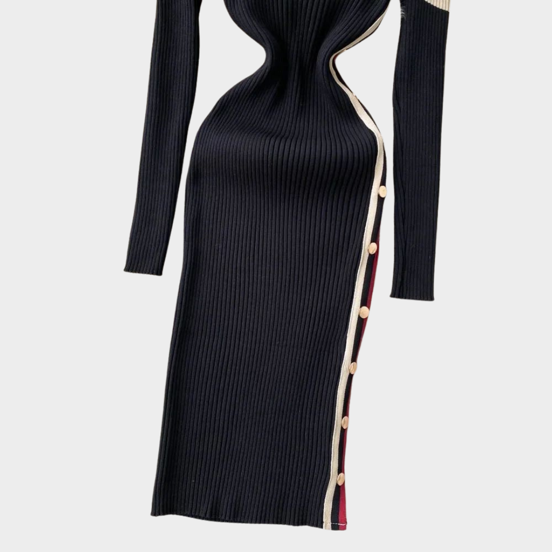 Women’s Knitted Dress – Half-High Collar – Long Sleeves – Striped Pattern – Elegant Fit – Black
