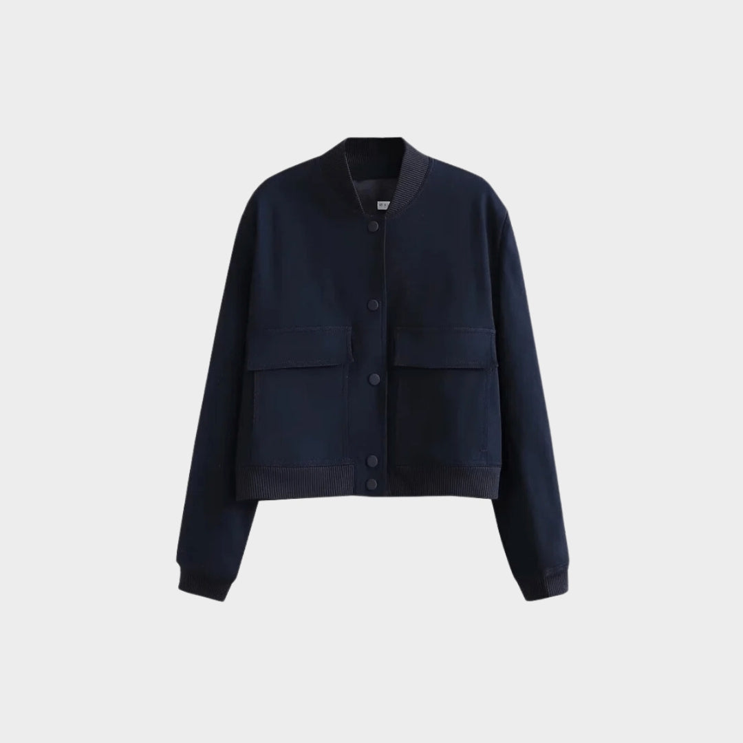 Women’s Cropped Bomber Jacket - Long Sleeve Aviator Baseball Coat, Button Closure, Black, Beige, Navy Blue