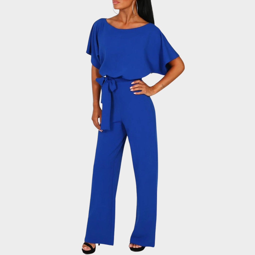 Women's Jumpsuit – Elegant Lace-Up High Waist – Short-Sleeved – Round Neck – Straight Leg – Multiple Colours