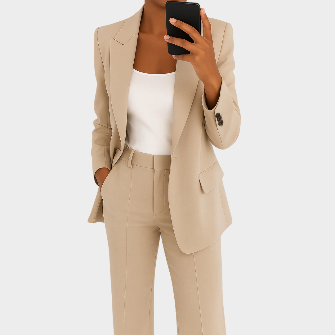 Women Elegant Two-Piece Suit Set – Slim Fit Jacket and Pants – Classic Collar Long Sleeve Polyester Blend – Multiple Colours