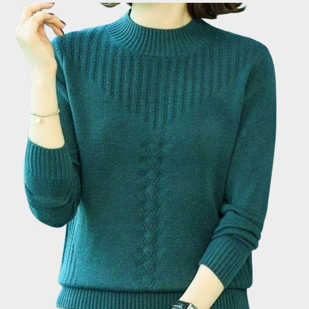 Women’s Half Turtleneck Sweater – Knitted Pullover, Twisted Flower Design, Warm Autumn/Winter Top