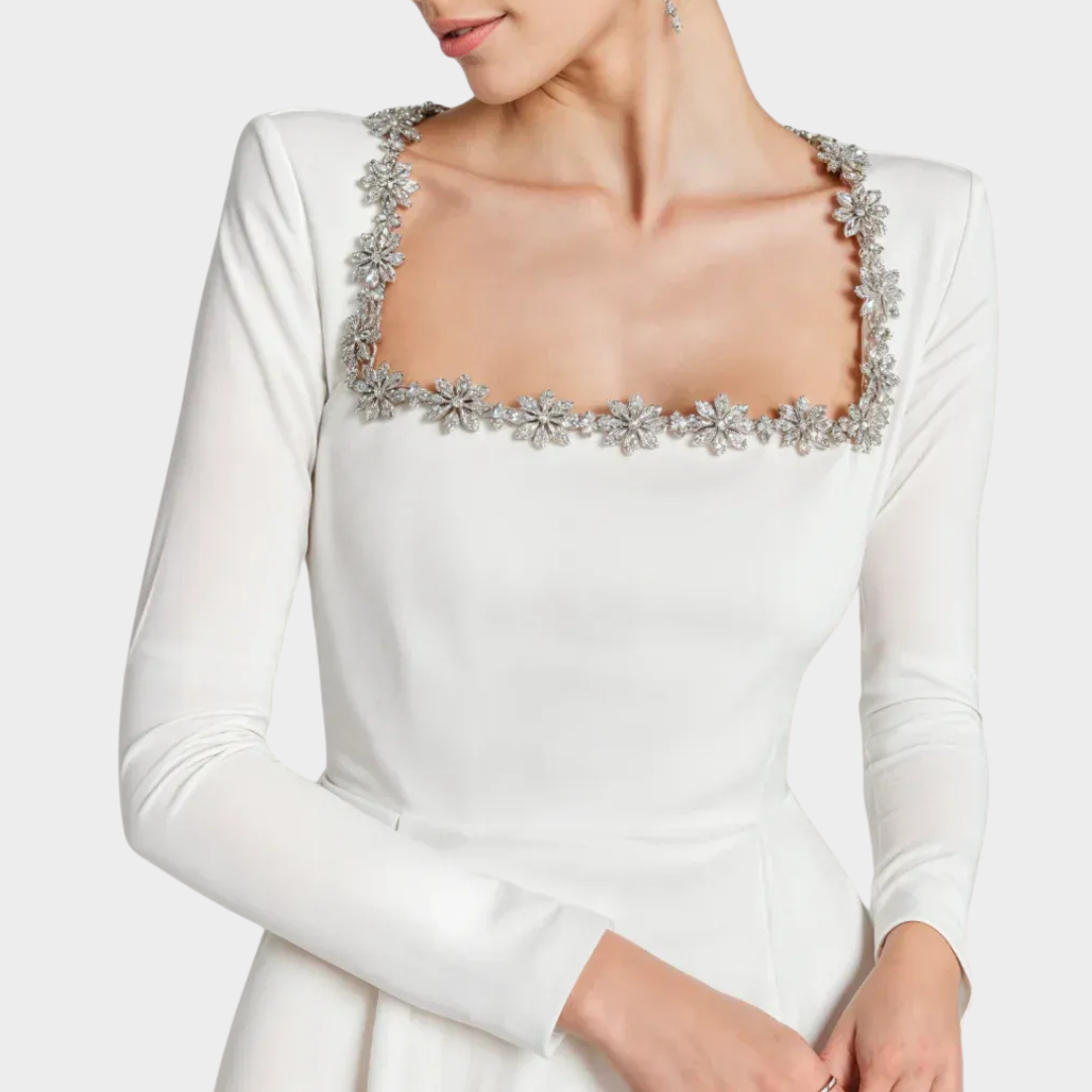 Women Short Dress – Velvet Mini with Square Collar and Diamond Embellishment – Long Sleeves – Flared Skirt – Elegant Party Wear – Multiple Colours