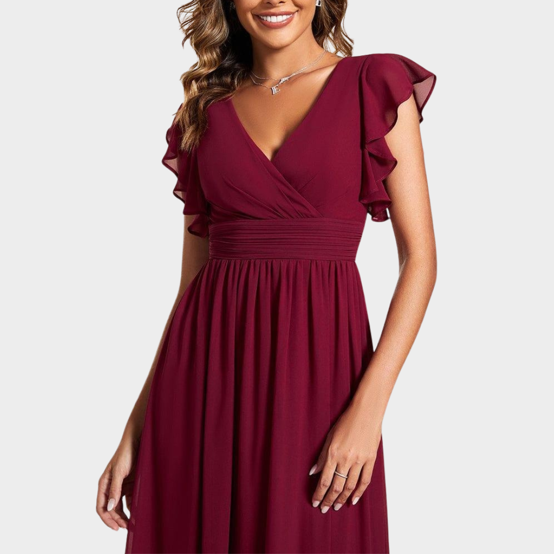 Women’s V-Neck Bridesmaid Dress – Elegant Chiffon Gown with Ruffled Sleeves and Open Back – Multiple Colours