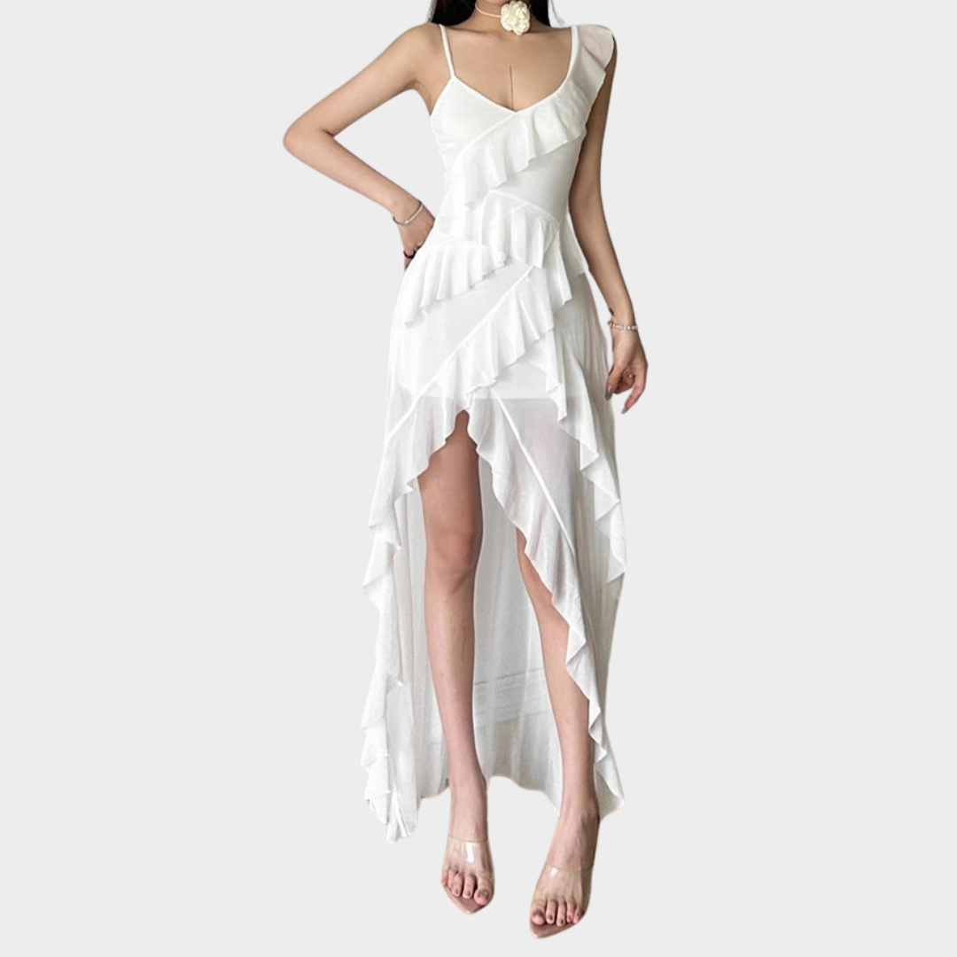 Women’s Tassel Ruffle Long Dress – Elegant Spaghetti Strap Fit – Lightweight Perspective Style – White