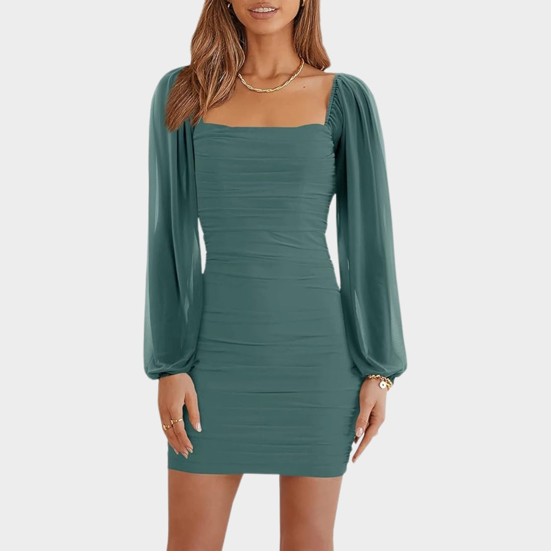 Women's Bodycon Mini Dress - Mesh Long Sleeve - Square Neck - Ruched Party Cocktail Dress - Multiple Colours