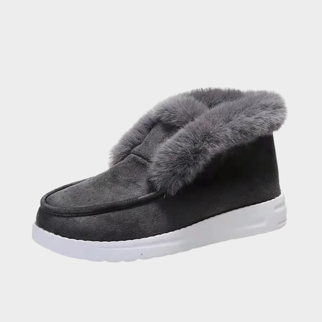 Women’s Slip-On Ankle Boots - Winter Warm Plush Fur Snow Boots, Suede Footwear, Grey, Black, Brown