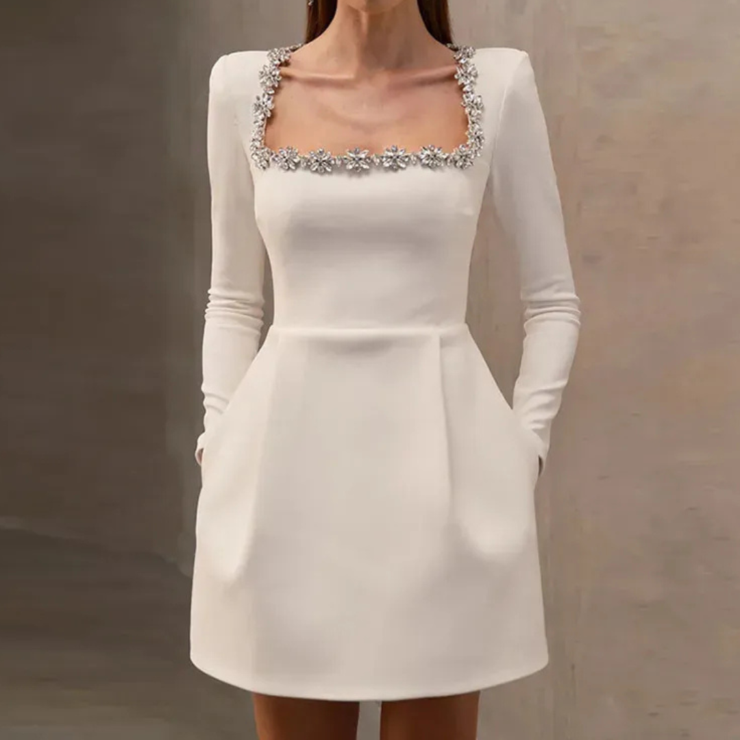 Women Velvet Crystal Dress – Elegant Evening Wear with Square Neckline and Crystal Embellishments – Slim Structured Fit – Multiple Colours