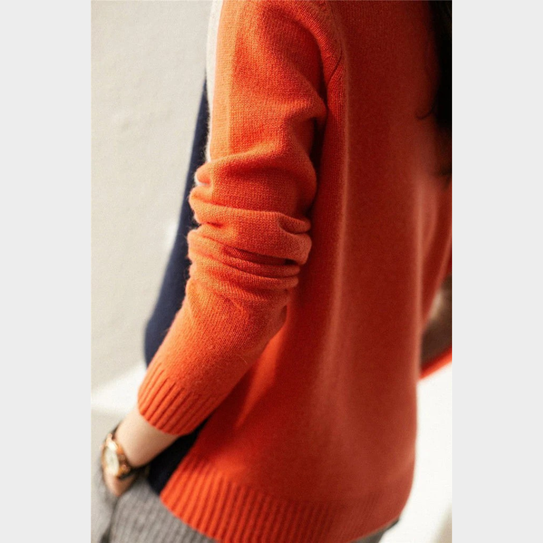 Women Knitted Sweater – Vintage Inspired O Neck Pullover – Loose Casual Fit – Soft Wool Blend Spliced Knitwear – Blue