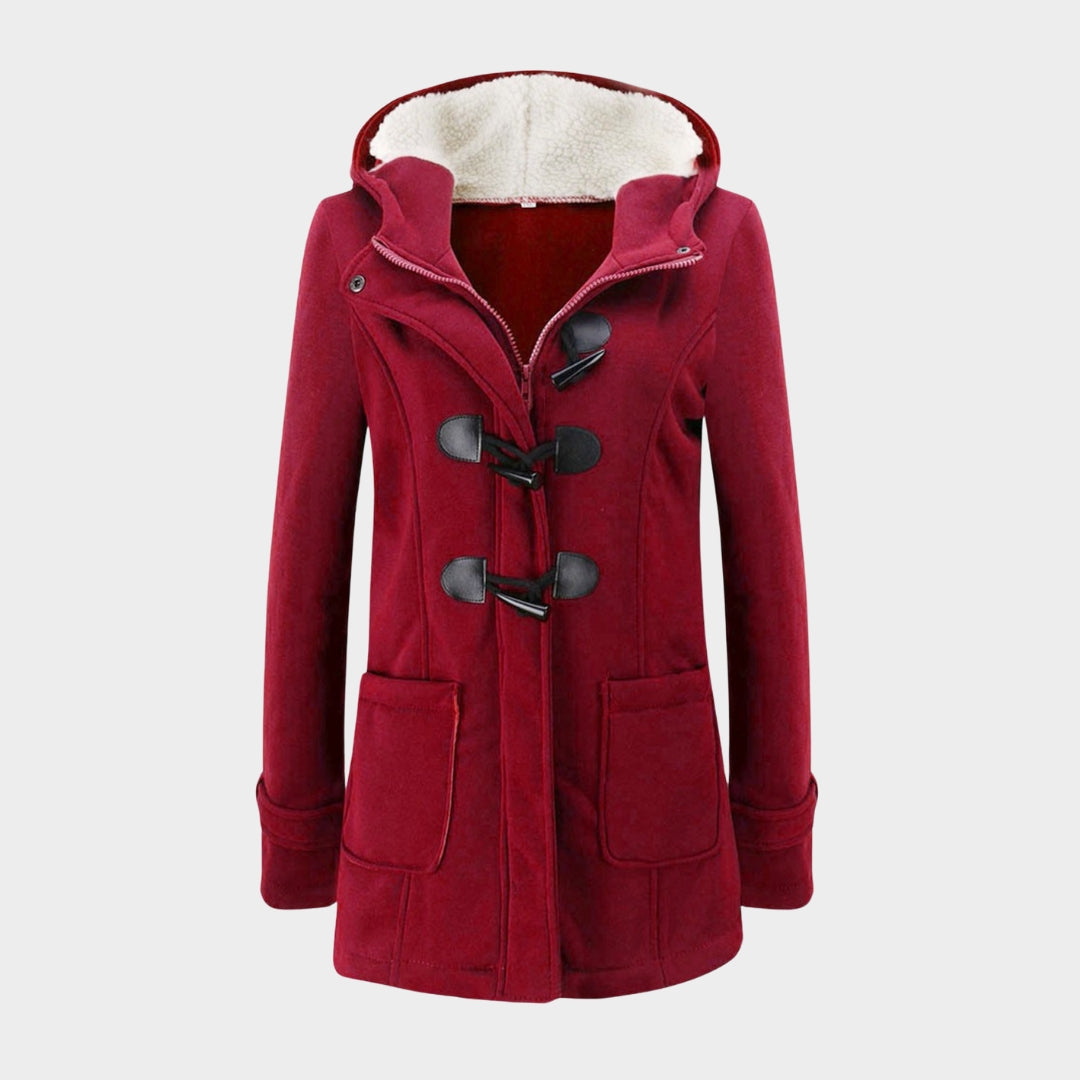 Women Warm Mid Length Hooded Coat – Horn Buckle Long Sleeve Outerwear – Multiple Colours