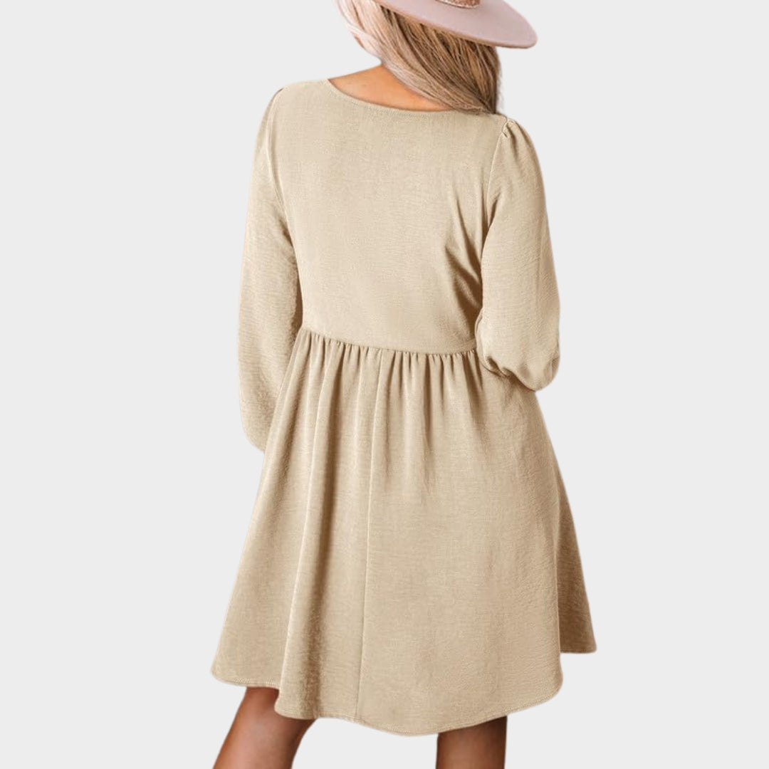 Women's Smocked A-Line Mini Dress - Crewneck - Button Up - Long Sleeve - Casual & Comfortable - Beige