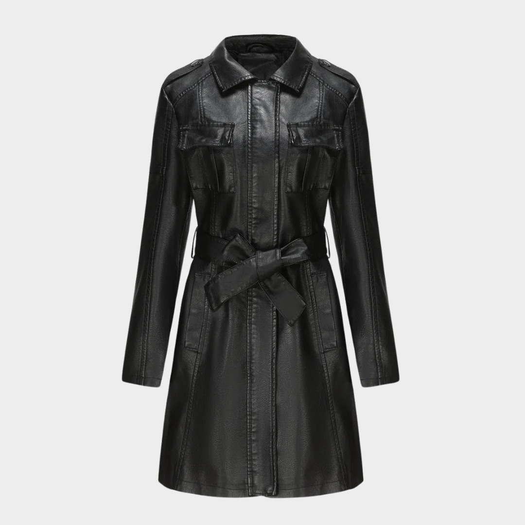 Women’s Faux Leather Trench Coat – Mid-Length Slim Fit Belted Jacket with Turn Down Collar – Multiple Colours
