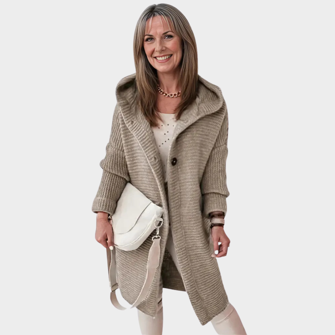 Women's Hooded Knit Cardigan Jacket – Button Front – Long Sleeve Loose Fit – Casual Outerwear – Multiple Colours