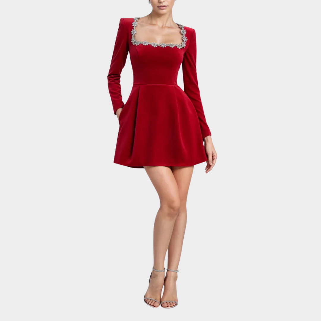 Women Short Dress – Velvet Mini with Square Collar and Diamond Embellishment – Long Sleeves – Flared Skirt – Elegant Party Wear – Multiple Colours