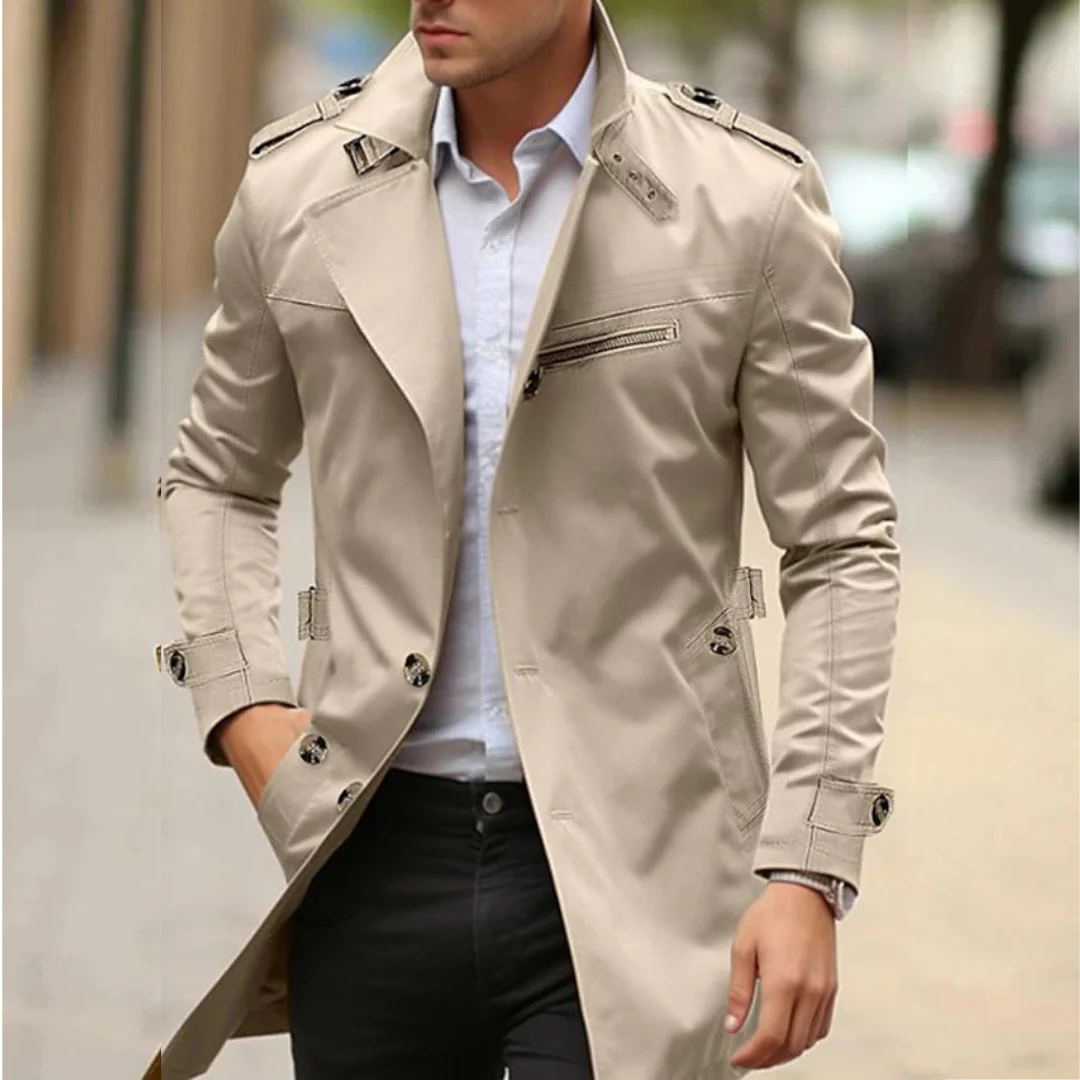 Men’s Classic Trench Coat – Long Sleeve Outerwear with Belt and Button Details – Structured Fit Water-Resistant Cotton Blend – Multiple Colours