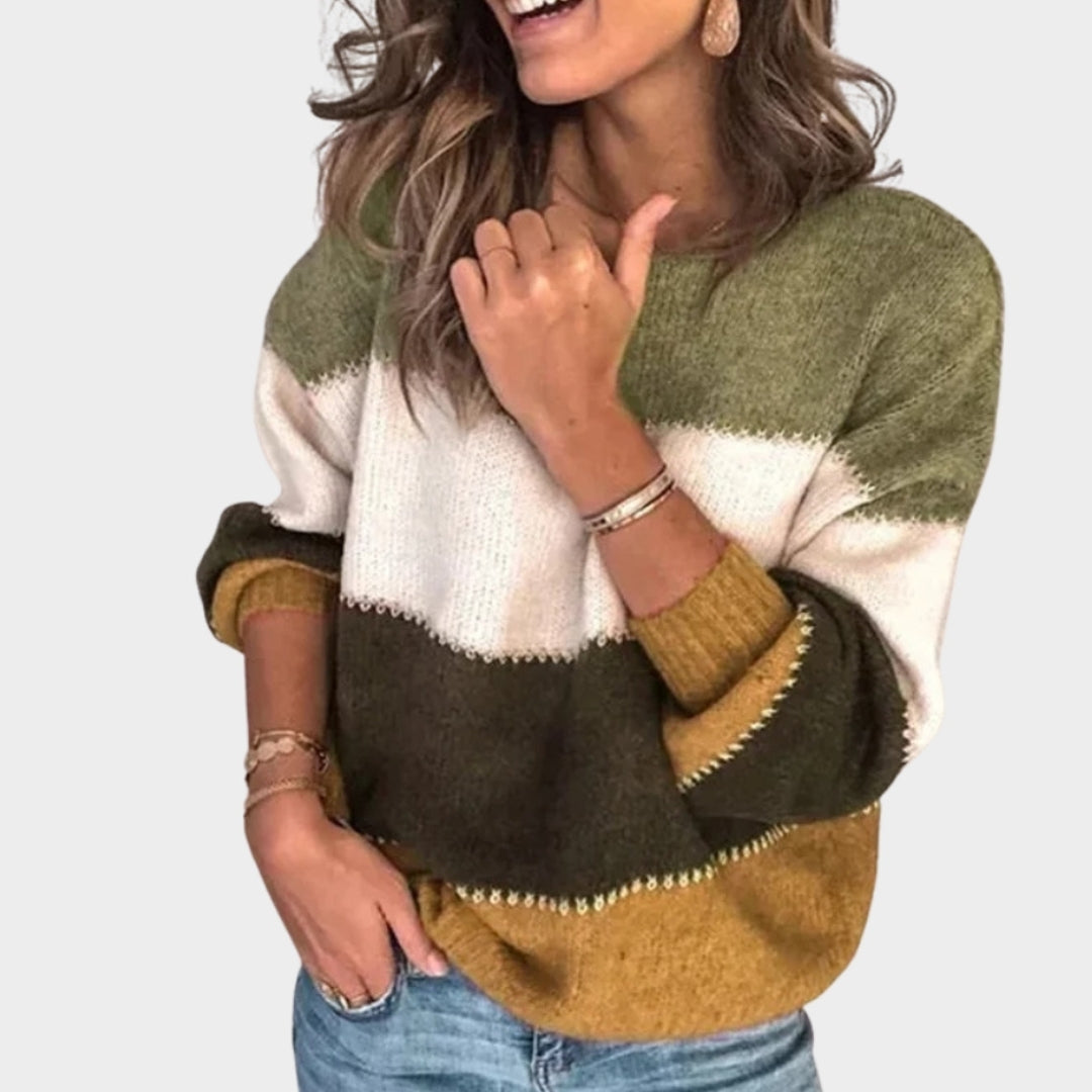 Autumn Winter Warm Color Blocking Women’s Sweater - Lantern Sleeve, O Neck, Loose Knitted Pullover, Multi-Color