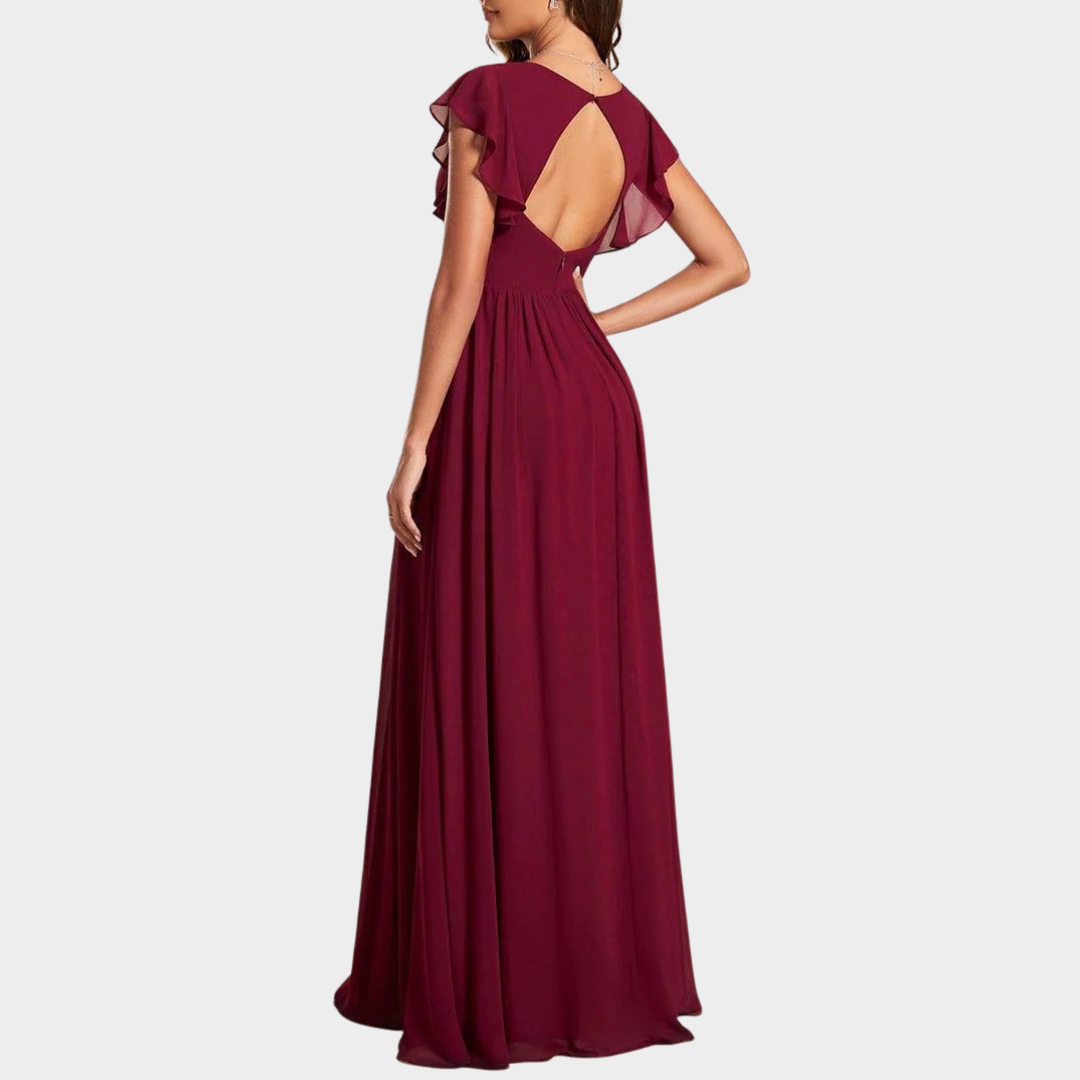 Women’s V-Neck Bridesmaid Dress – Elegant Chiffon Gown with Ruffled Sleeves and Open Back – Multiple Colours