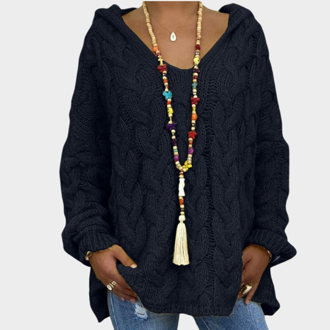 Women’s Hooded V-Neck Knitted Sweater - Long Sleeve, Twist Knit, Solid Color Loose Pullover, Red, Green, and More
