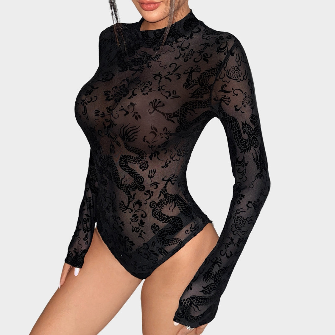 Women's Sheer Mesh Bodysuit - Long Sleeve Slim Fit Round Neck Jumpsuit - Multiple Designs