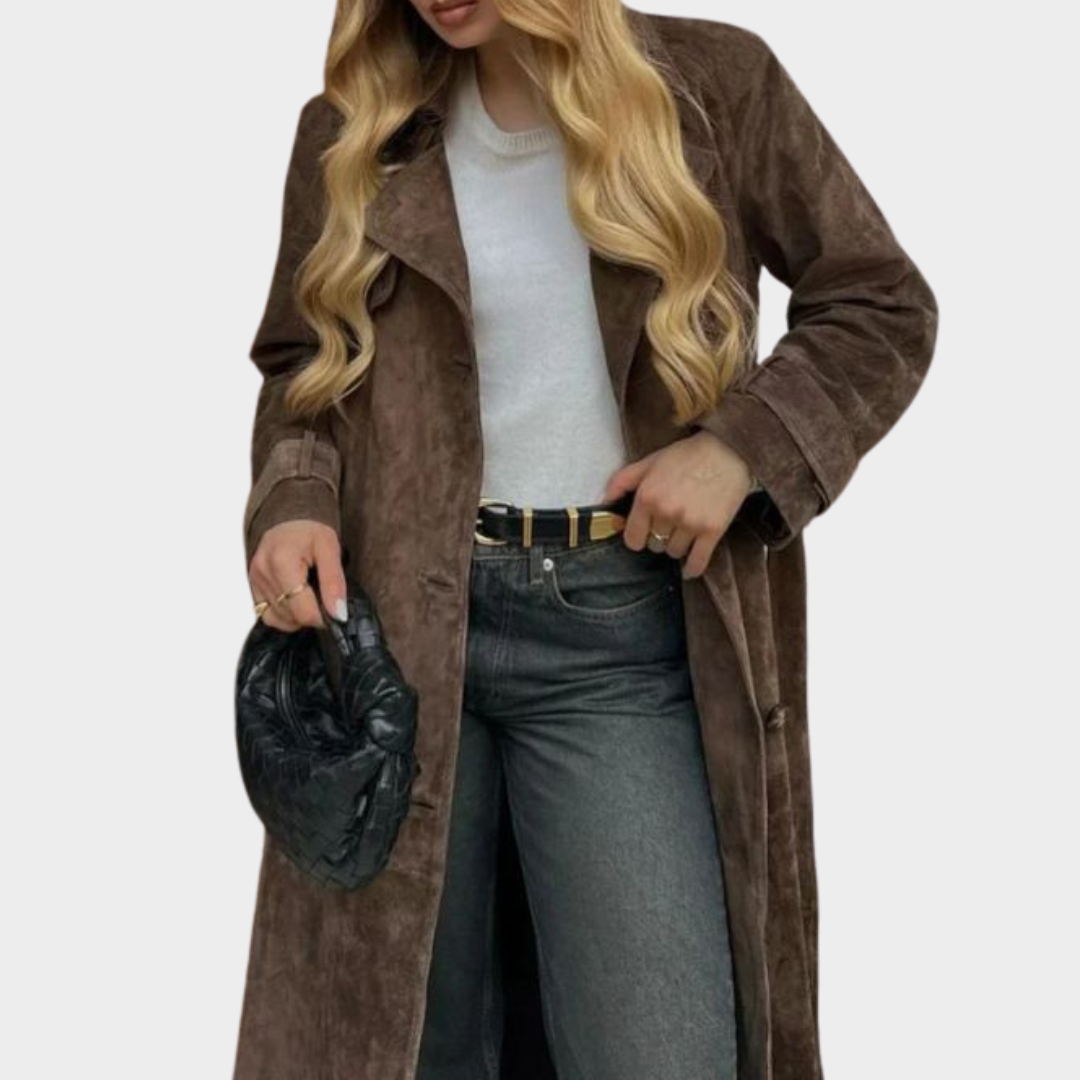 Women's Suede Leather Long Jacket – Button Down – Lapel Collar – Oversized Fit – Long Sleeve – Multiple Colours