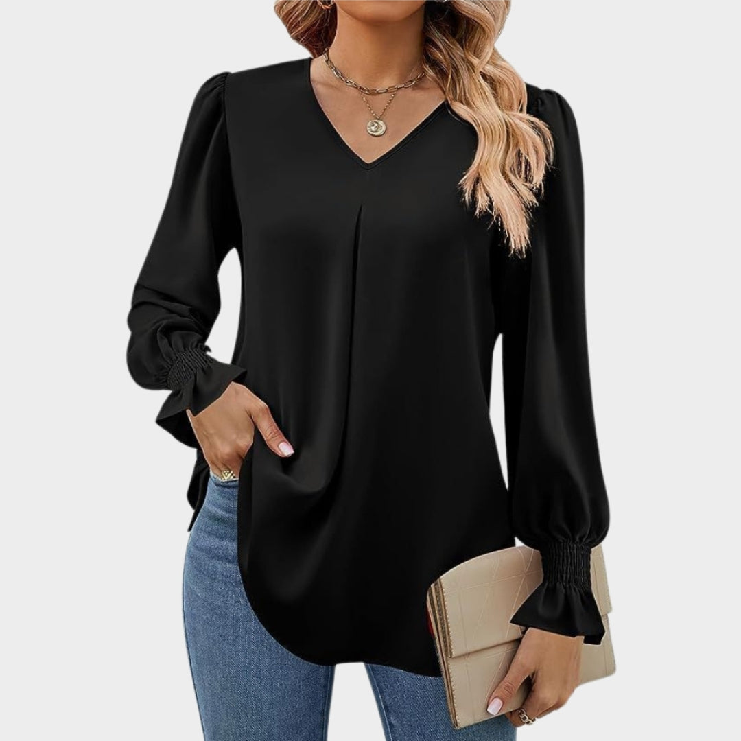 Women’s Chiffon V-Neck Blouse - Long Flared Sleeve Shirt, Loose Fit, Elegant Office Top